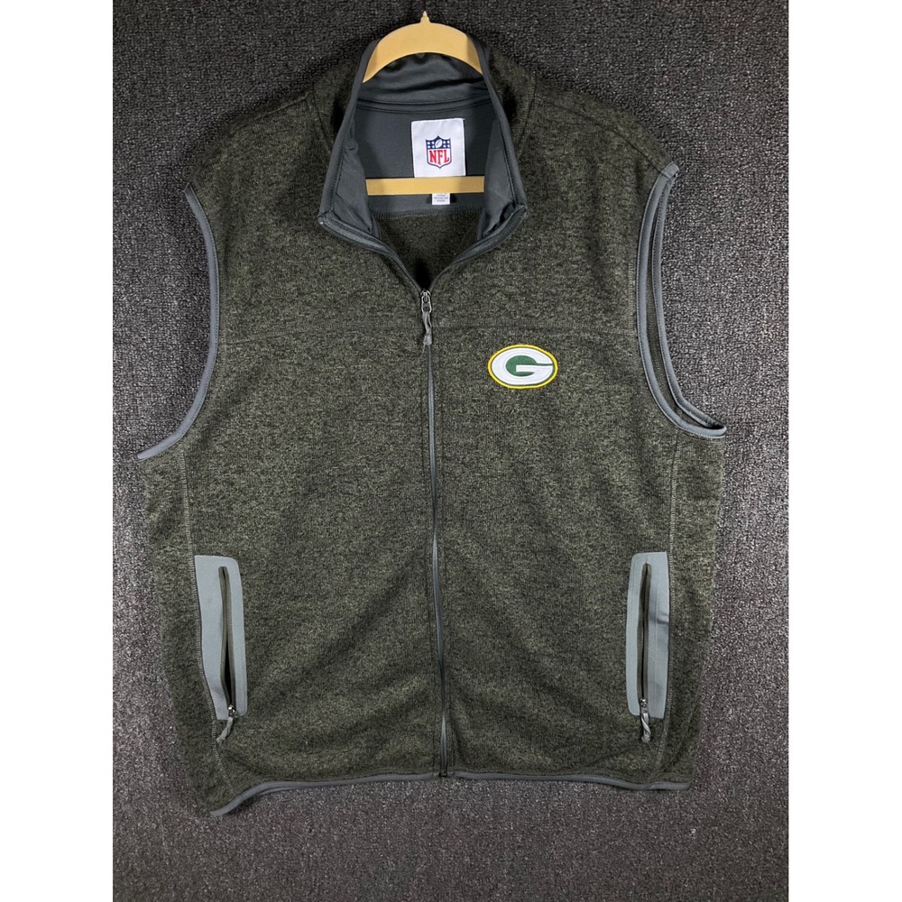 NFL Green Bay Packers Mens XXL Full Zip Sweater Fleece Vest Olive Green Heather